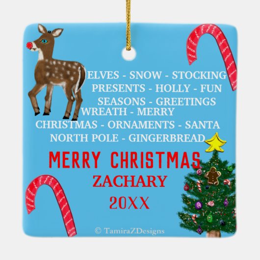 Kerstmis Mini 15 Word Puzzle Green Blue Keramisch Ornament (Achterkant)