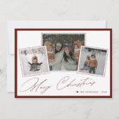 Kerstmis minimaal script 3 foto collage rood feestdagenkaart (Voorkant)