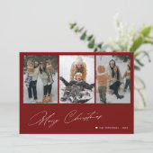 Kerstmis minimaal script 3 foto rood feestdagenkaart (Staand voorkant)