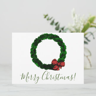 Kerstmis Minimalistische Dennenkrans & Rode Strik Feestdagenkaart