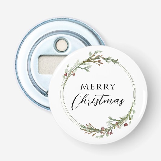 Kerstmis Minimalistische Krans Wit Button Flesopener (Voorkant)