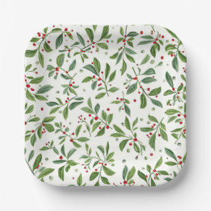 Kerstmis Mistletoe Rode Bes Witte Waterverf Papieren Bordje