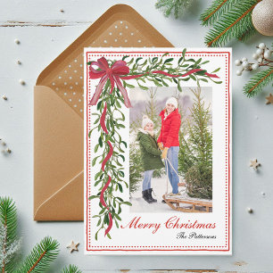 Kerstmis Mistletoe Rode Strik Gezinsfoto Feestdagenkaart