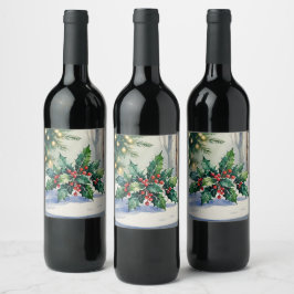 Kerstmis Mistletoe Vakantie Waterverf Wijn Etiket