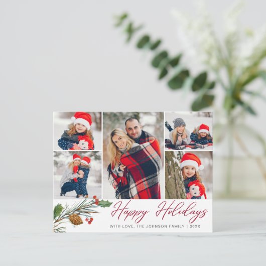 Kerstmis Modern 5 PHOTO Collage Greeting Holiday Briefkaart (Staand voorkant)