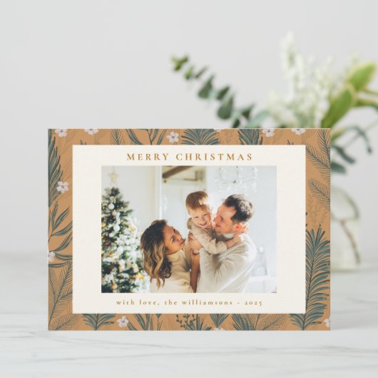 Kerstmis Modern Boho Botanical Greenery Two Foto Feestdagenkaart (Staand voorkant)
