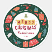 Kerstmis modern krans rood groen retro ronde sticker (Voorkant)
