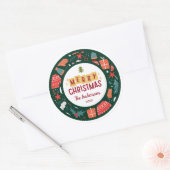 Kerstmis modern krans rood groen retro ronde sticker (Envelop)