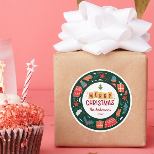 Kerstmis modern krans rood groen retro ronde sticker (Feest)