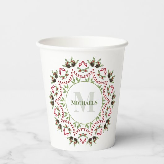 Kerstmis Monogram Familie groen gebladerte krans Papieren Bekers (Achterkant)