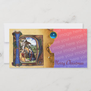 KERSTMIS MONOGRAM KERST PARCHMENT Blauwe Edelsteen Feestdagenkaart