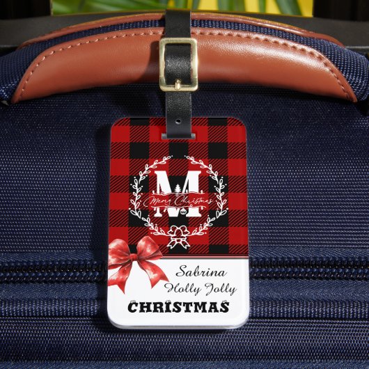 Kerstmis Monogram Krans Buffalo Plaid Bagagelabel (Voorkant Insitu 2)