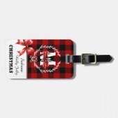 Kerstmis Monogram Krans Buffalo Plaid Bagagelabel (Voorkant horizontaal)