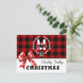 Kerstmis Monogram Krans Buffalo Plaid Feestdagenkaart (Staand voorkant)