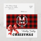 Kerstmis Monogram Krans Buffalo Plaid Feestdagenkaart (Voorkant / Achterkant)