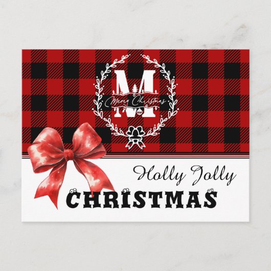 Kerstmis Monogram Krans Buffalo Plaid Feestdagenkaart (Voorkant)