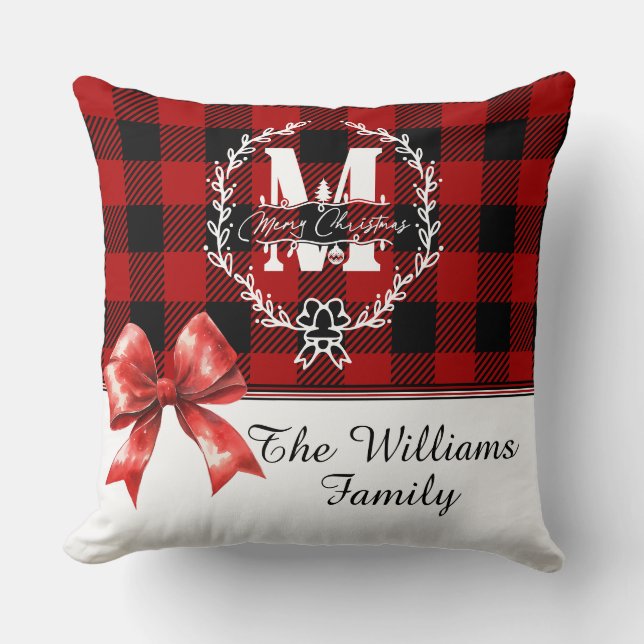 Kerstmis Monogram Krans Buffalo Plaid Kussen (Voorkant)