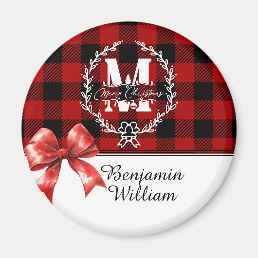 Kerstmis Monogram Krans Buffalo Plaid Magneet (Voorkant)