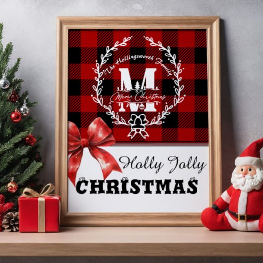 Kerstmis Monogram Krans Buffalo Plaid Poster