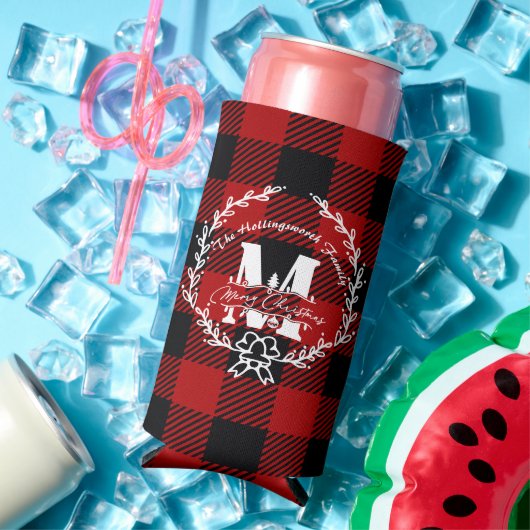 Kerstmis Monogram Krans Buffalo Plaid Seltzer Blikjeskoeler (Insitu Zomer)