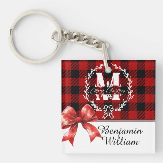Kerstmis Monogram Krans Buffalo Plaid Sleutelhanger (Voorkant)