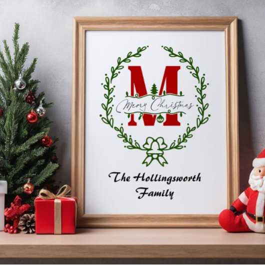 Kerstmis Monogram Krans Personaliseren Poster