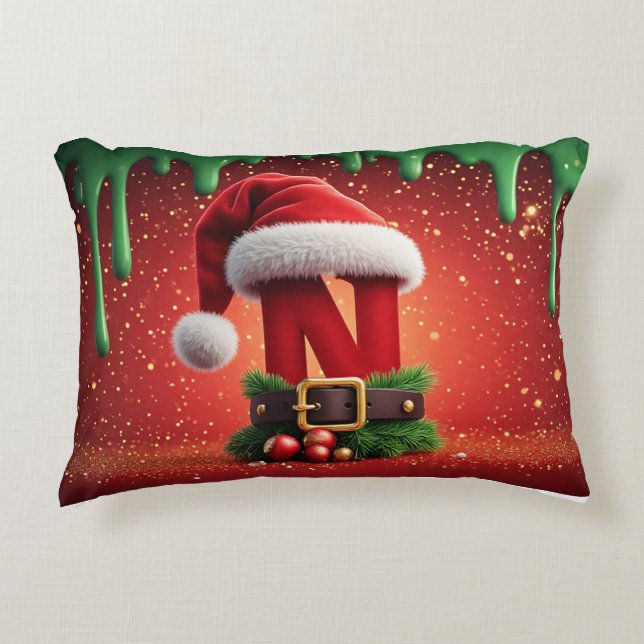 Kerstmis Monogram Letter N met Sinterklaas Hoed Accent Kussen (Voorkant)