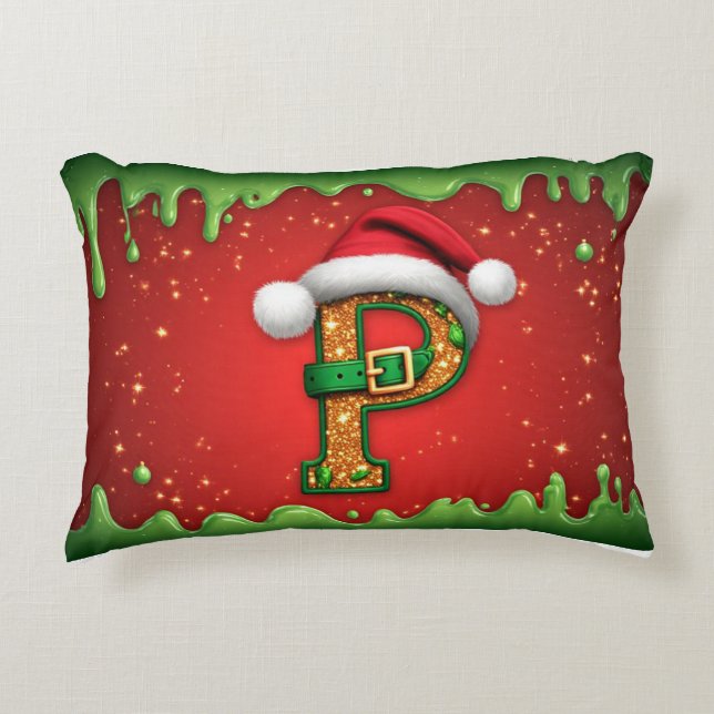 Kerstmis Monogram Letter P met Sinterklaas Hoed Accent Kussen (Voorkant)