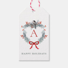 Kerstmis Monogram Red Bow Winter Bird Cadeaulabel