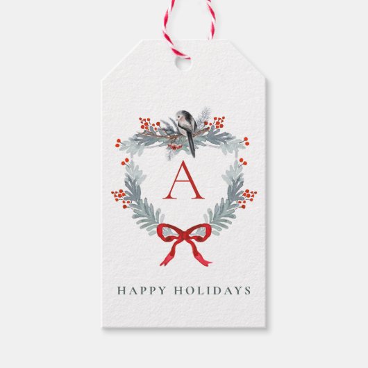 Kerstmis Monogram Red Bow Winter Bird Cadeaulabel (Voorkant)