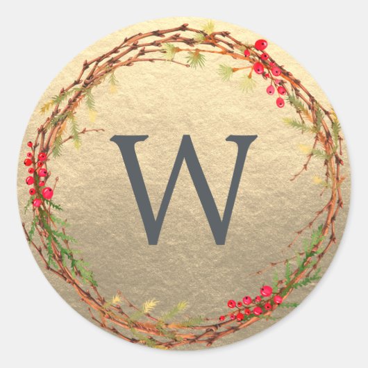 Kerstmis Monogram Winter groen krans goud Ronde Sticker (Voorkant)