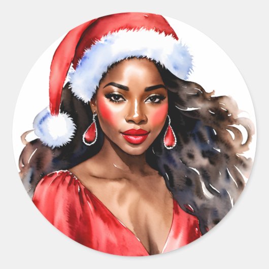 Kerstmis Mooie Zwarte Vrouw Kerstman Hoed Ronde Sticker (Voorkant)