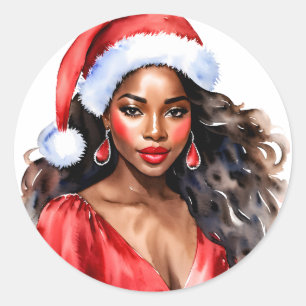 Kerstmis Mooie Zwarte Vrouw Kerstman Hoed Ronde Sticker