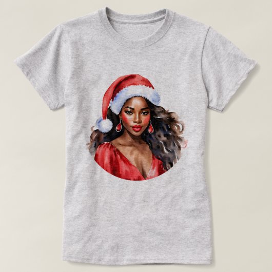 Kerstmis Mooie Zwarte Vrouw Kerstman Hoed T-shirt (Design voorkant)