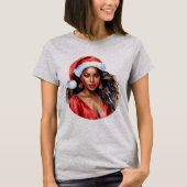 Kerstmis Mooie Zwarte Vrouw Kerstman Hoed T-shirt (Voorkant)