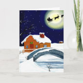 Kerstmis Moon Log Cabin Santa Sleigh Reindeer Feestdagen Kaart (Voorkant)