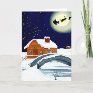 Kerstmis Moon Log Cabin Santa Sleigh Reindeer Feestdagen Kaart