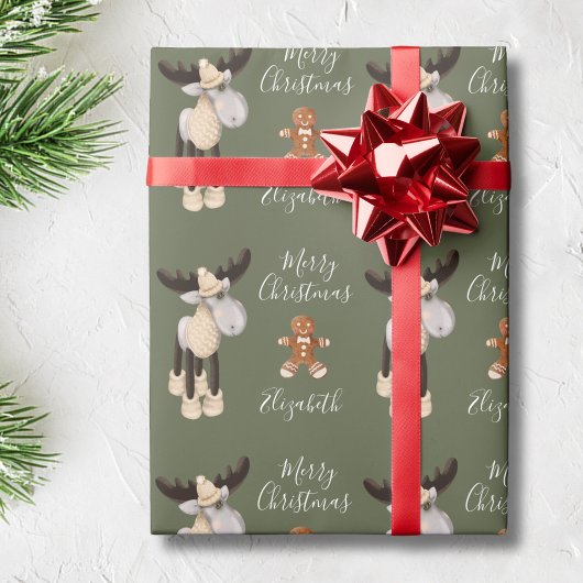 Kerstmis Moose Sage Green persoonlijk Cadeaupapier