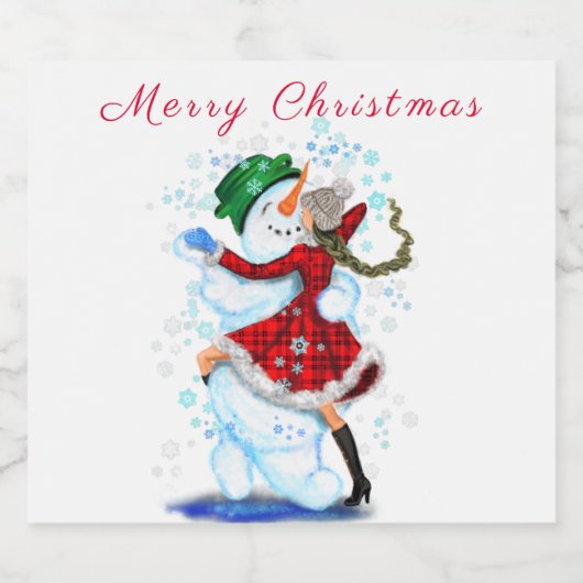 Kerstmis Mousserende Wijn Label Sneeuwman en Meisj Sparkling Wijnetiket (Enkel label)