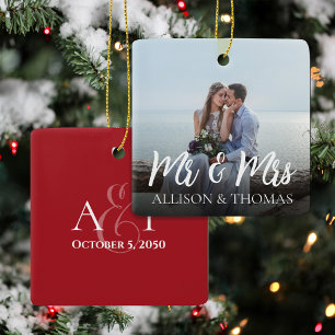 Kerstmis Mr en Mrs Foto Elegante kalligrafie  Keramisch Ornament