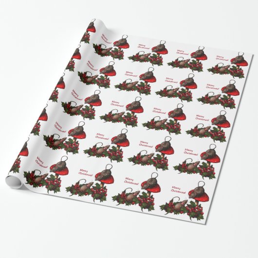 Kerstmis: Muizen op Toadstool, Holly: Kunst Cadeaupapier (Uitgerold)