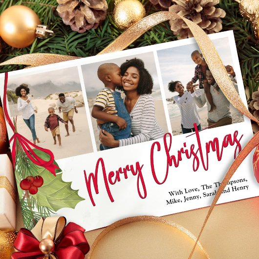 Kerstmis Multi Foto Winter Groen Holly Feestdagenkaart