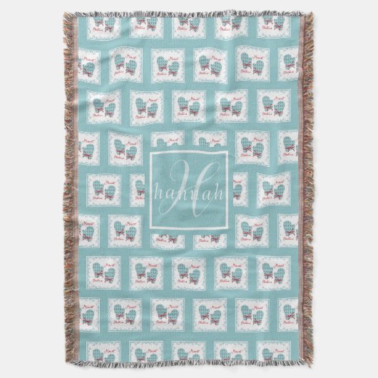 Kerstmis Mutsjes Rood Lint Blauwe Monogram Deken (Voorkant Verticaal)