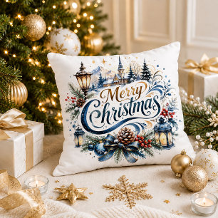Kerstmis Naam Citaat Blauw Goud Worp Kussen Kunst