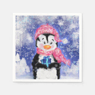 Kerstmis Napkins Baby Penguin met Gift Servet