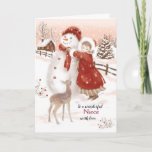 Kerstmis, Niece, Deer, Girl en Snowman Feestdagen Kaart<br><div class="desc">Op deze kerstkaart voor Niece heb ik een lief meisje geschilderd dat een rode sjaal om de nek van een grote sneeuwpop vastbindt. Een schattig hert kijkt aan. Het meisje draagt een lange jurk onder een zware rode jas met een wit bonteffect dat op de sleeves en kap trimt. Op...</div>