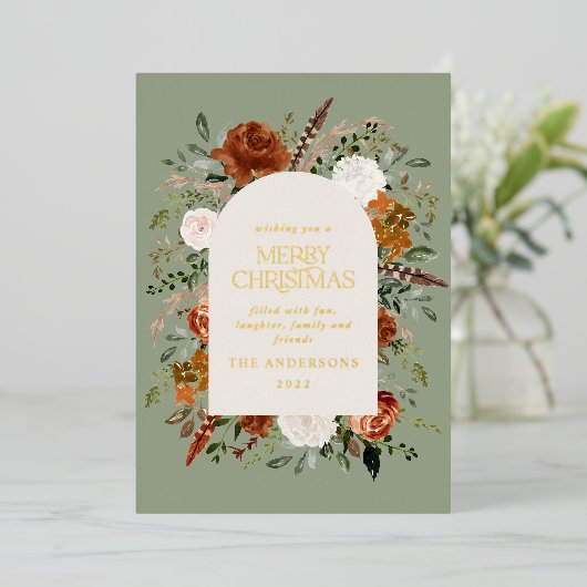 Kerstmis niet-fotoelegante vlek floral folie feestdagenkaart (Staand Voorkant)