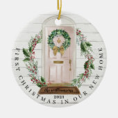 Kerstmis Nieuwe roze startdeur Waterverf foto Keramisch Ornament (Voorkant)