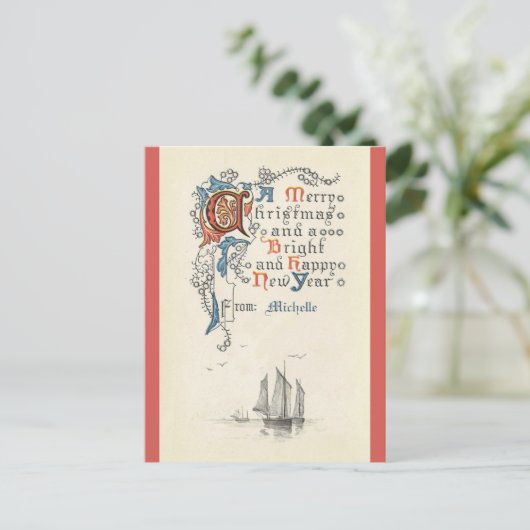 Kerstmis, nieuwjaar, boot, briefkaart (Staand voorkant)