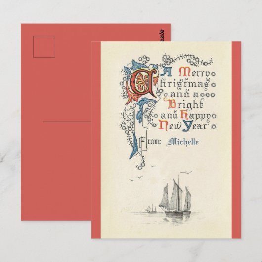 Kerstmis, nieuwjaar, boot, briefkaart (Voorkant / Achterkant)